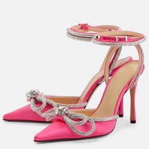 MACH & MACH PINK DOUBLE BOW SILK SATIN HEELS-SZ 39 Brand New